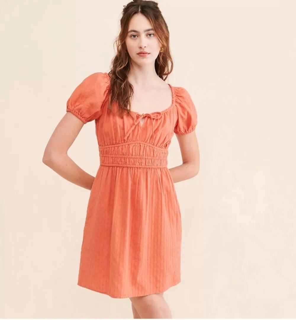 Madewell Dobby Sophia Tie-Front Mini Dress Womens XS Orange Terracotta Smocked